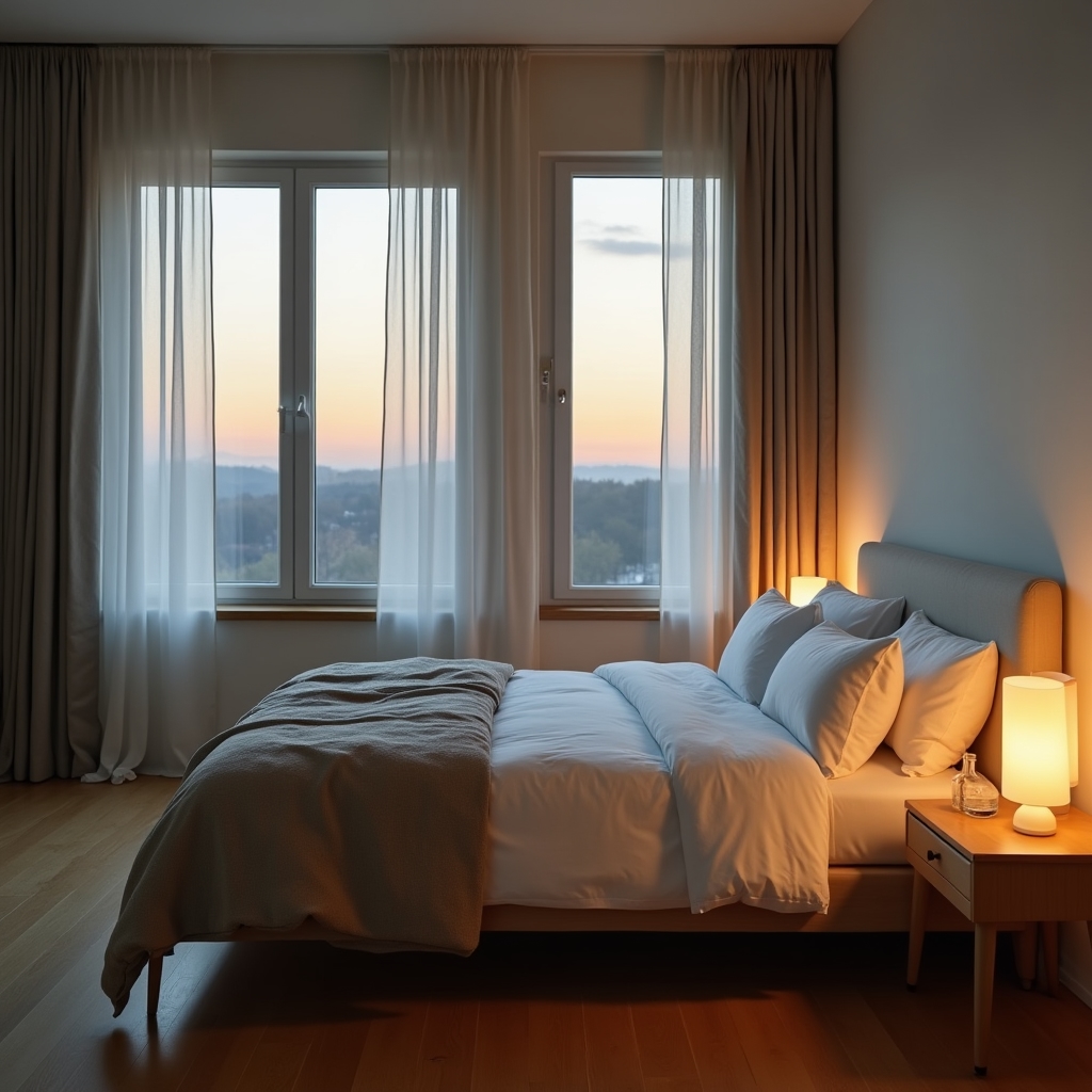 A serene, minimally decorated bedroom optimized for sleep with dim lighting and cool tones