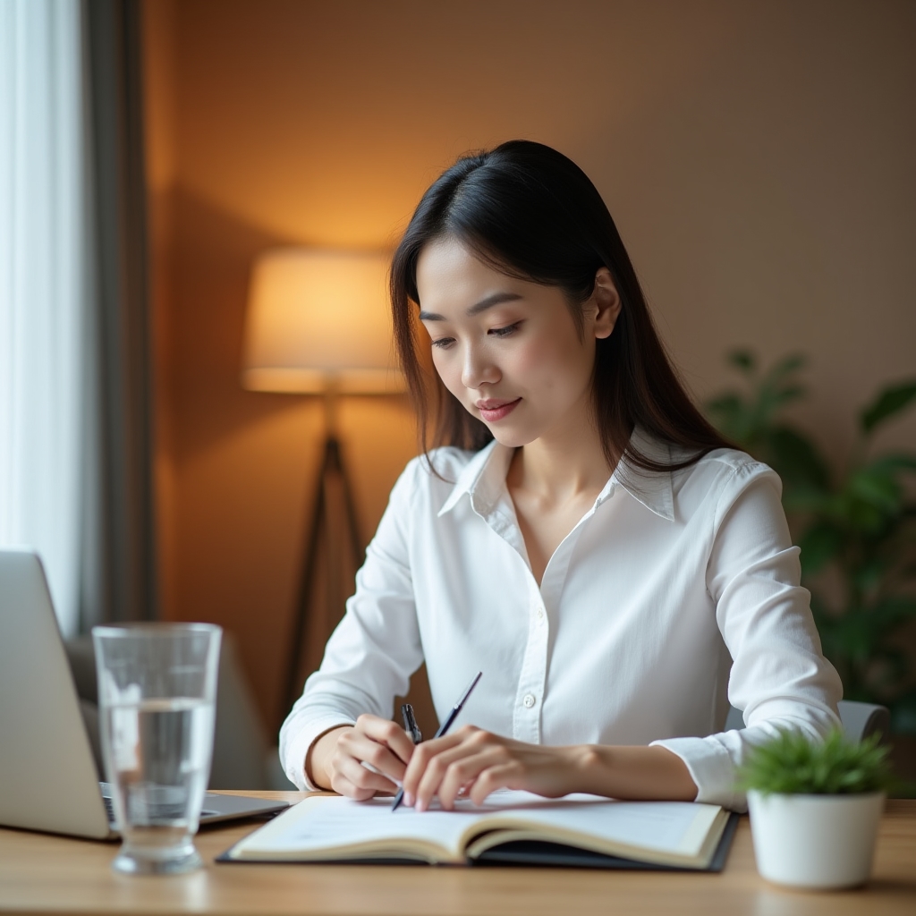 A coach at a modern desk reviewing notes with a warm lamp and calm minimalist workspace
